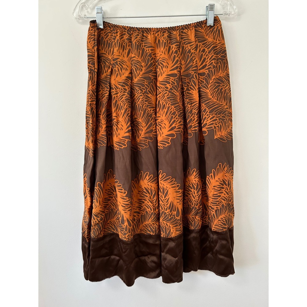 J. Jill Womens Brown‎ Orange 100% Silk Botanical Leaf Print Midi Skirt Size 8